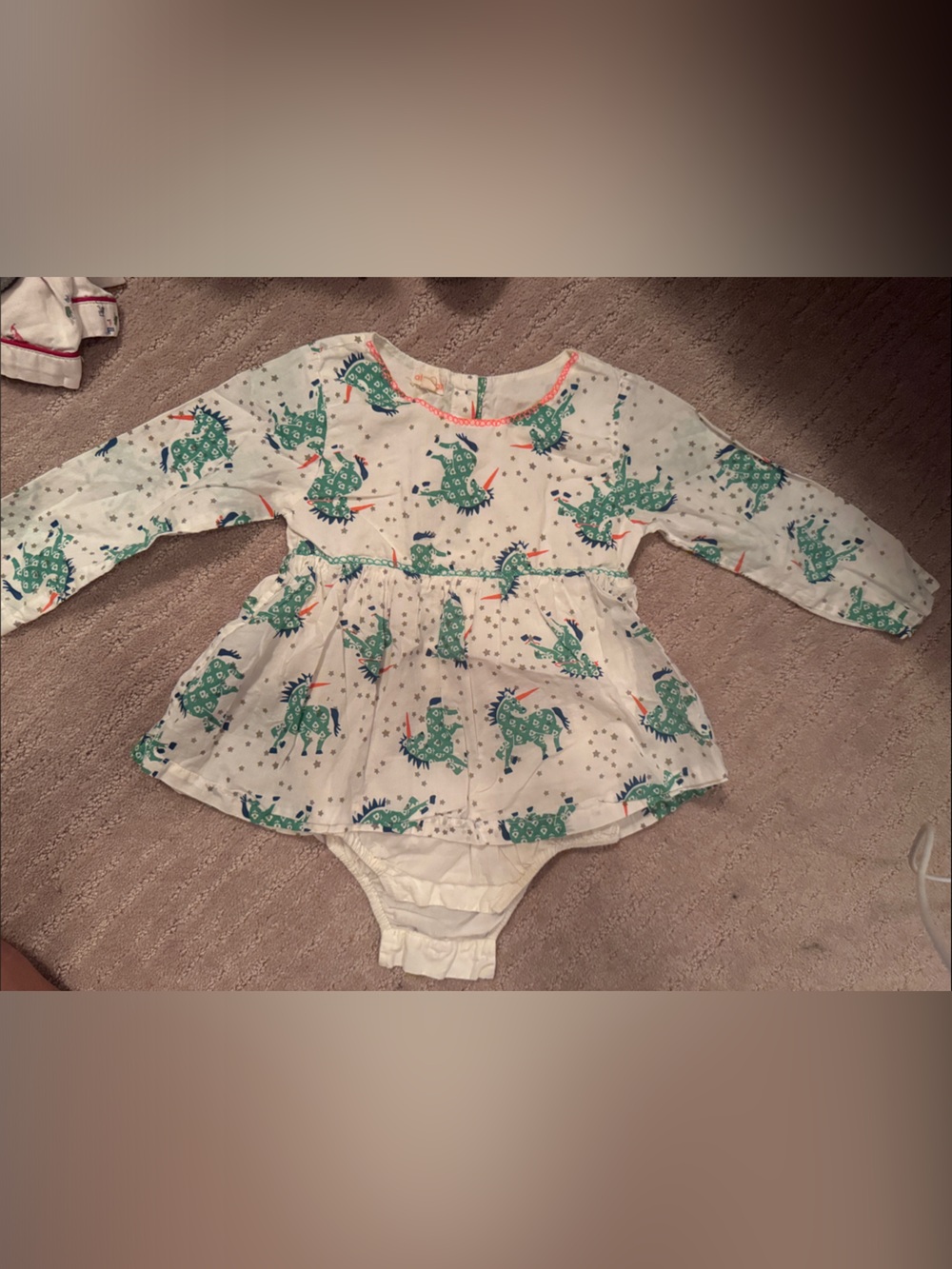 Baby Girl White Long-Sleeve Dress with Green Unicorn Print